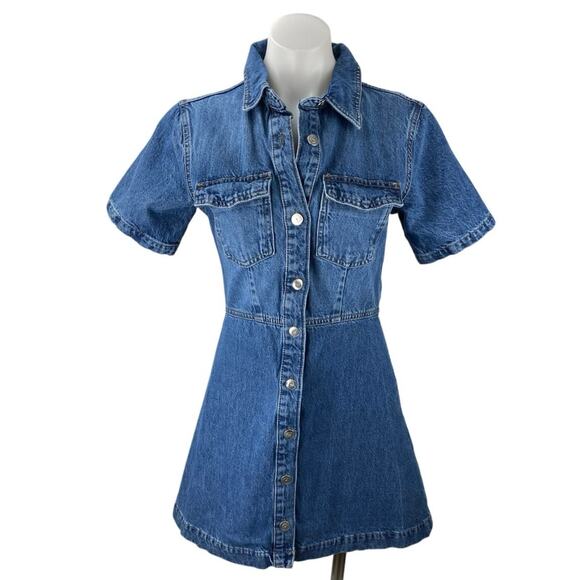 Zara Blue Medium Wash Short Sleeve Button Down A Line Mini Denim Jean Dress Sz S - Picture 1 of 5